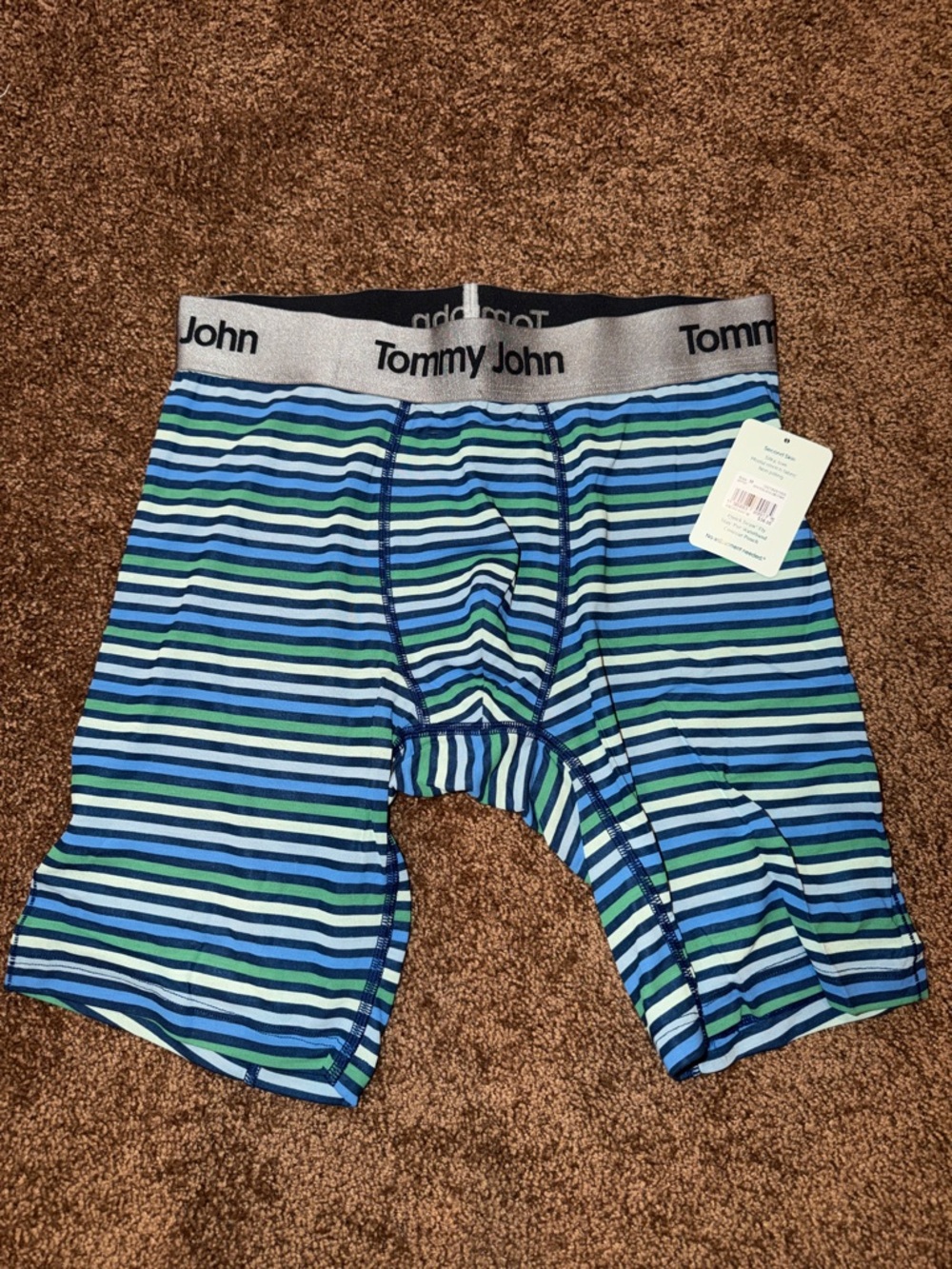 Tommy John Mens Second Skin 8”Navy, Blue & Green Striped Boxer Briefs